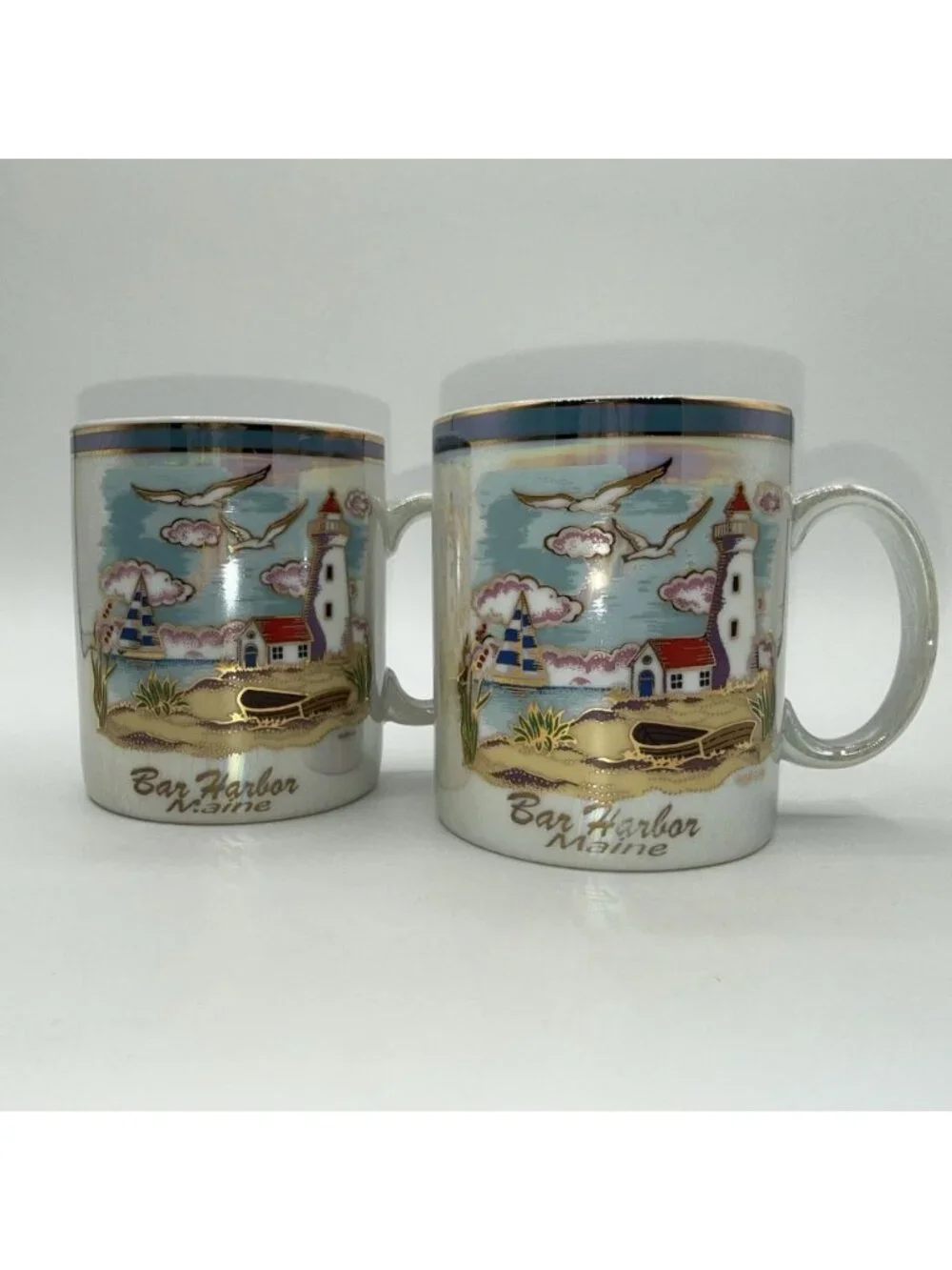 Bar Harbor Maine Souvenir Mug Pair Iridescent &Gold Trim Coffee Coastal Scene